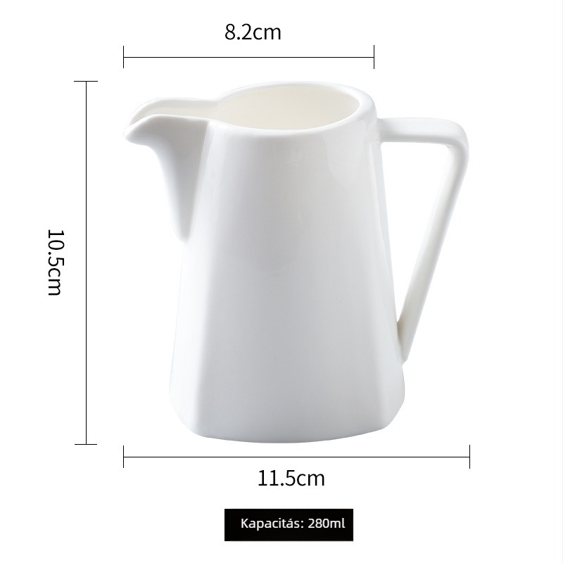 Kerámiából készült európai stílusú tejes kanna fogantyúval és kacsa‑csőrös kifolyóval, fedél nélküli, fehér porcelán