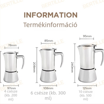 304 rozsdamentes acél moka fazék, olasz stílusú, otthoni kávéfőzéshez
