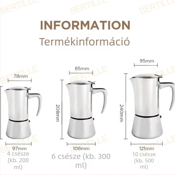 304 rozsdamentes acél moka fazék, olasz stílusú, otthoni kávéfőzéshez