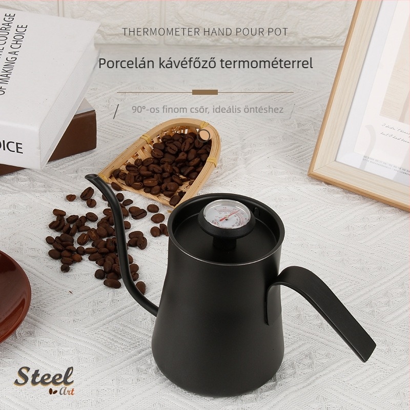 Rozsdamentes acél pour-over kávé kanna hőmérővel, hőmérséklet-szabályozás, teflon bevonat, hosszú csőr, keskeny nyílás, 500 ml