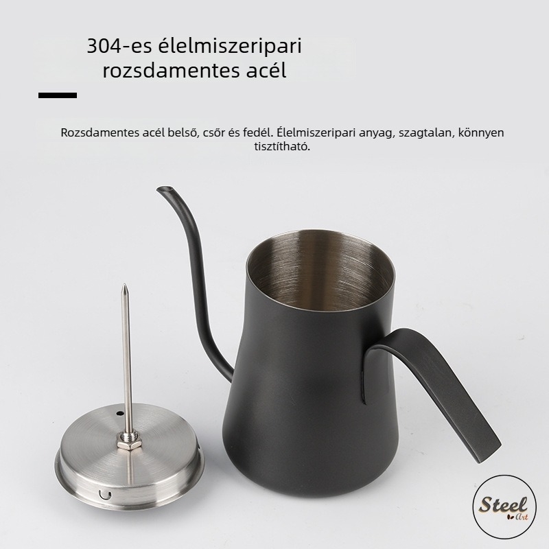 Rozsdamentes acél pour-over kávé kanna hőmérővel, hőmérséklet-szabályozás, teflon bevonat, hosszú csőr, keskeny nyílás, 500 ml
