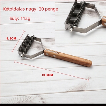 Állatgondozó fésű fa fogantyúval és rozsdamentes acél pengével, csomók kibogozása és szőrzet eltávolítása kutyáknak és macskáknak, slicker kefével együtt