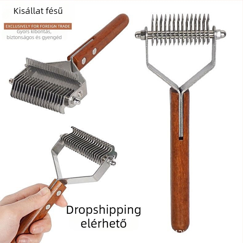 Állatgondozó fésű fa fogantyúval és rozsdamentes acél pengével, csomók kibogozása és szőrzet eltávolítása kutyáknak és macskáknak, slicker kefével együtt