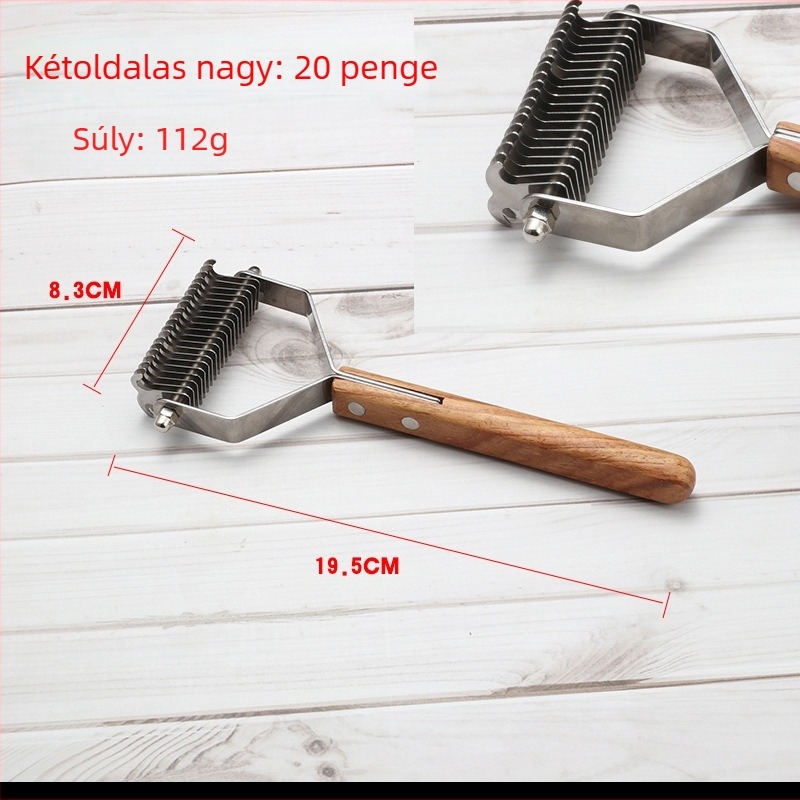 Állatgondozó fésű fa fogantyúval és rozsdamentes acél pengével, csomók kibogozása és szőrzet eltávolítása kutyáknak és macskáknak, slicker kefével együtt