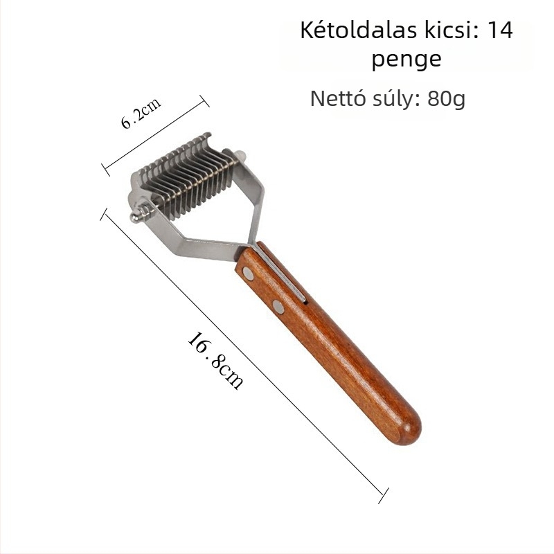 Állatgondozó fésű fa fogantyúval és rozsdamentes acél pengével, csomók kibogozása és szőrzet eltávolítása kutyáknak és macskáknak, slicker kefével együtt