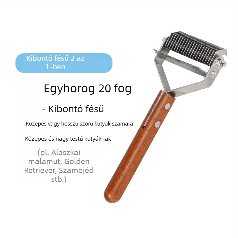 Állatgondozó fésű fa fogantyúval és rozsdamentes acél pengével, csomók kibogozása és szőrzet eltávolítása kutyáknak és macskáknak, slicker kefével együtt