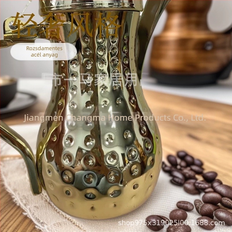 Aranyozott rozsdamentes acél Dallah kávéskanna, arab design