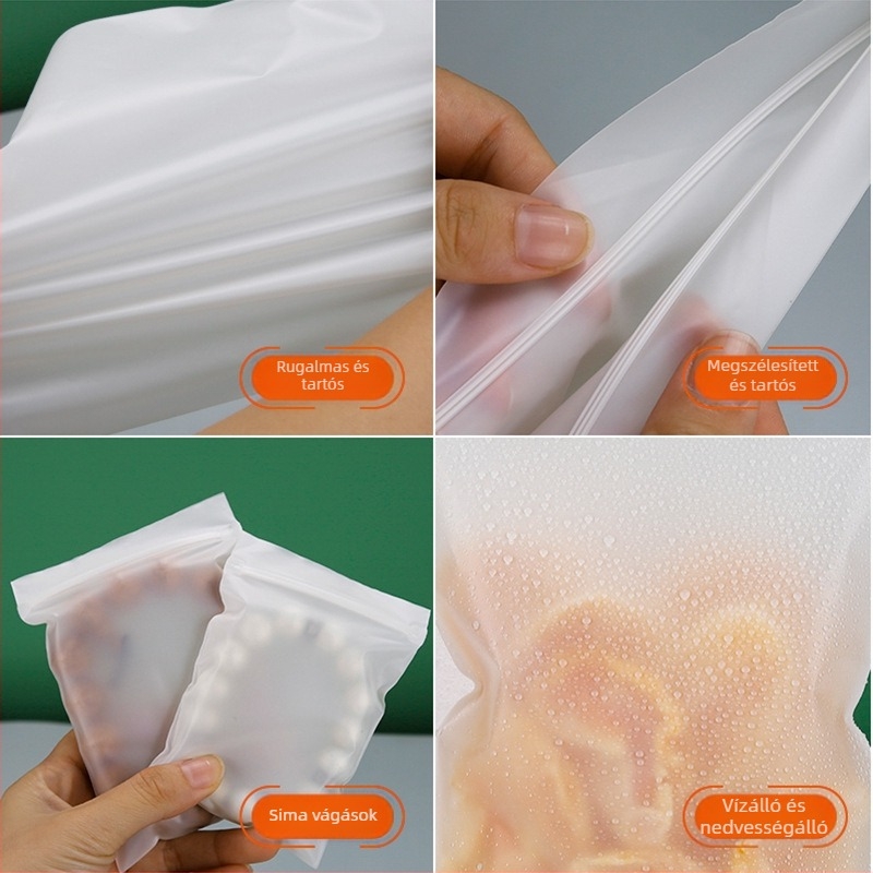 Biodegradable zipzáras zacskó perforált filmmel, matt felület, önállóan álló, átlátszó