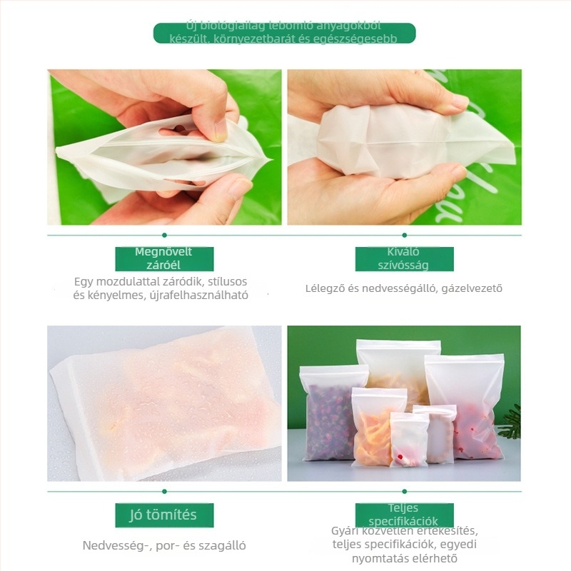Biodegradable zipzáras zacskó perforált filmmel, matt felület, önállóan álló, átlátszó