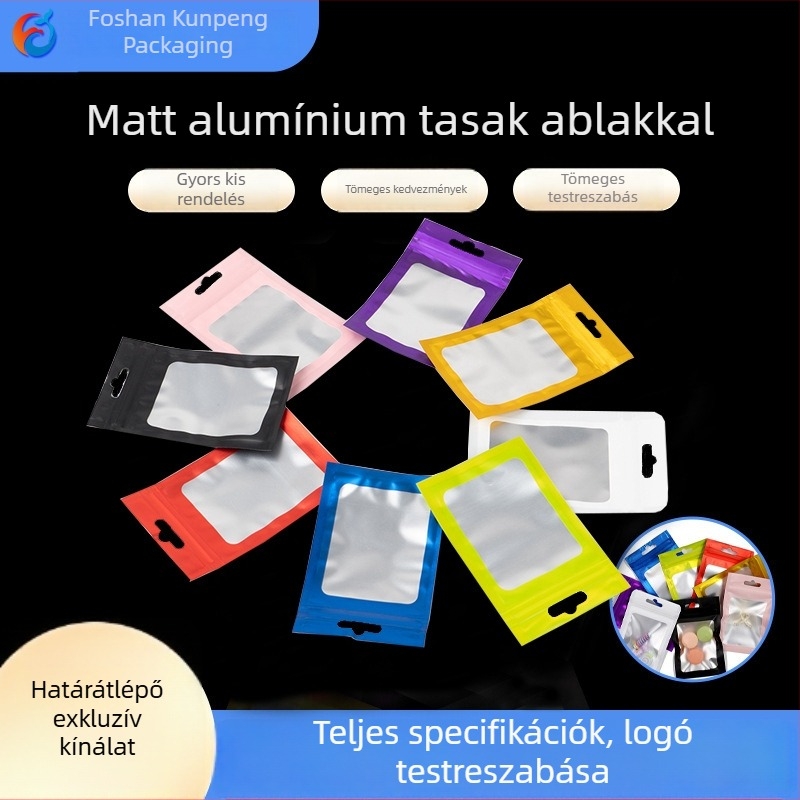 Egyedi színű alumíniumfóliás kis csomagoló tasakok, matt felülettel, átlátszó ablakkal, önzáró