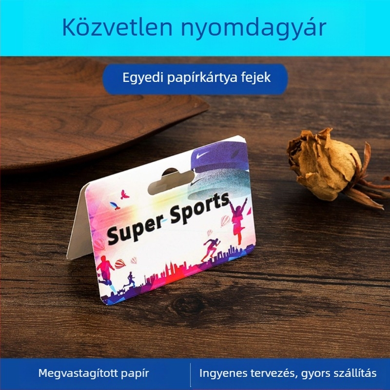 Egyedi függő címke kivágott formákkal, színes nyomtatású hajtogatott papíron, hátoldali karton logónyomtatással