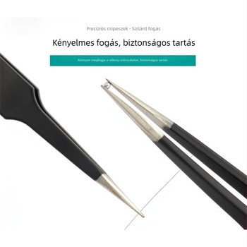 6 darabos csipesz készlet sárga PVC tokban, 1,0 mm vastagságú rozsdamentes acél, fekete csúcsú csipeszek, elektronikai javító eszközök, antistatikus