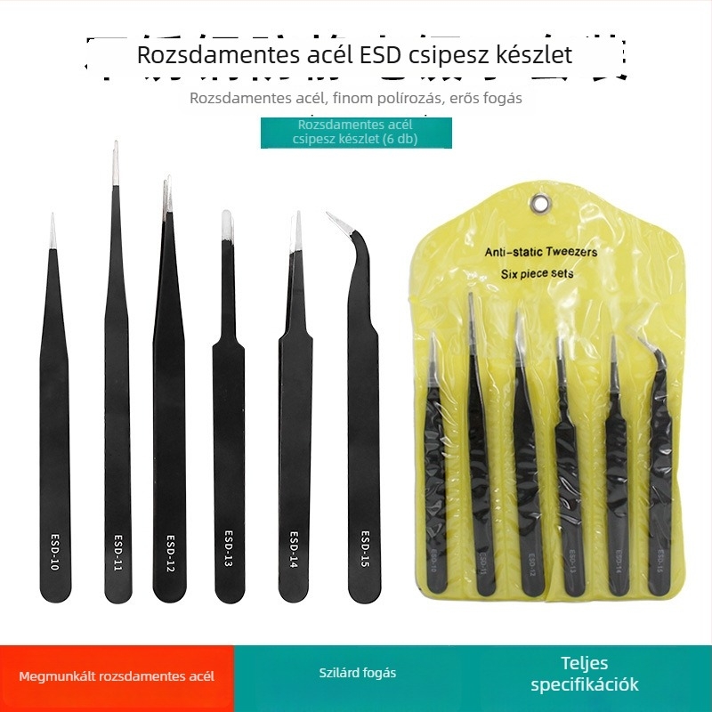 6 darabos csipesz készlet sárga PVC tokban, 1,0 mm vastagságú rozsdamentes acél, fekete csúcsú csipeszek, elektronikai javító eszközök, antistatikus