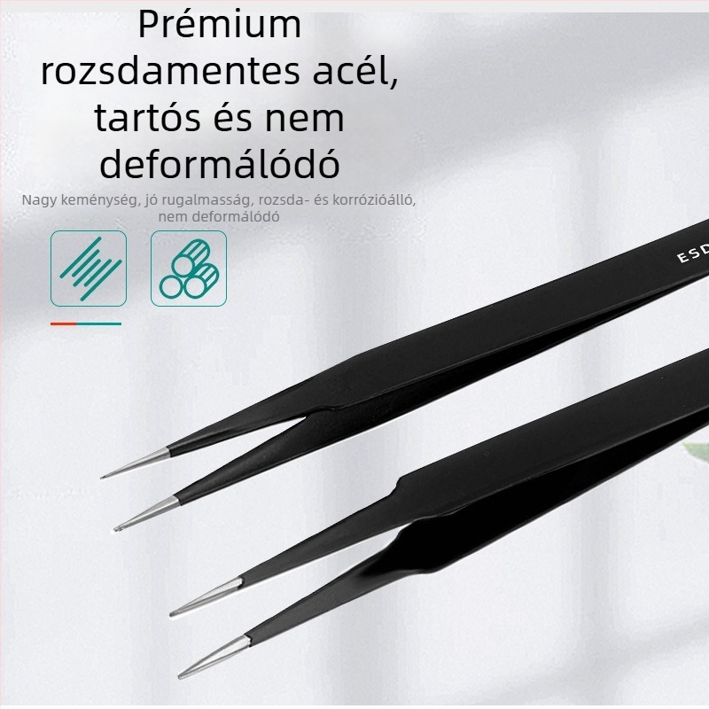 6 darabos csipesz készlet sárga PVC tokban, 1,0 mm vastagságú rozsdamentes acél, fekete csúcsú csipeszek, elektronikai javító eszközök, antistatikus