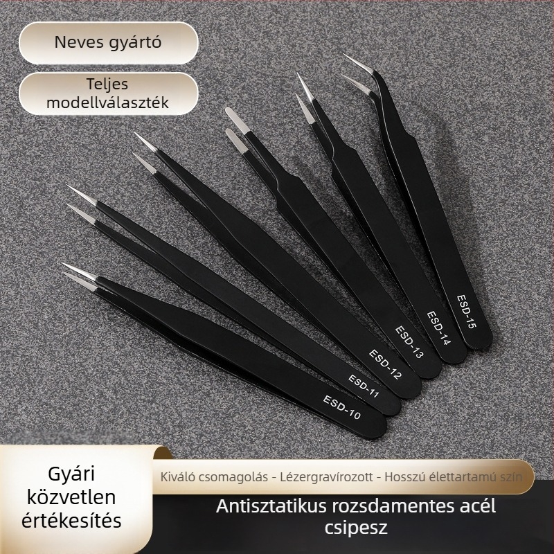 Magas precizitású, antistatikus rozsdamentes acél csipesz görbült heggyel