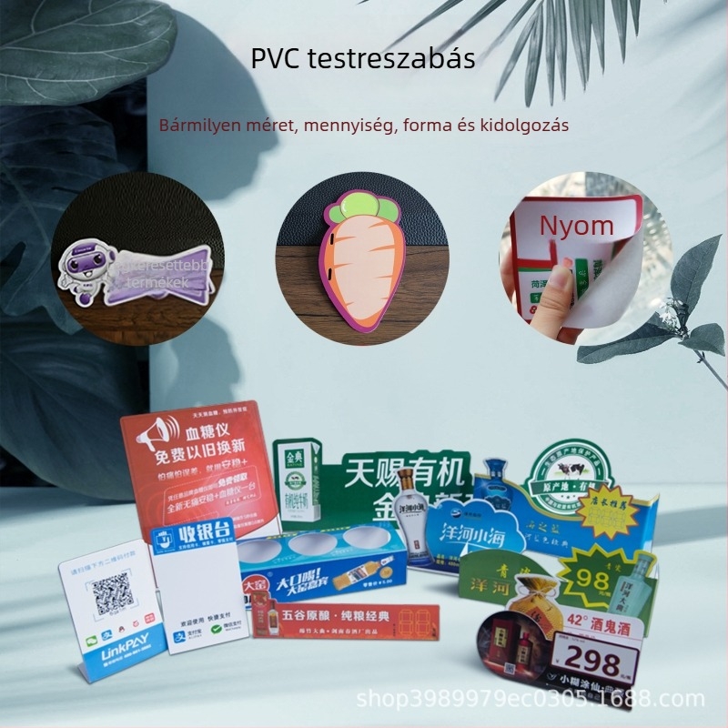 Egyedi alakú PVC kártyák, műanyag lapokra UV nyomtatás, ragasztó hátlap, ajtóra akasztható címkék, átlátszó PVC színes doboznyomtatás