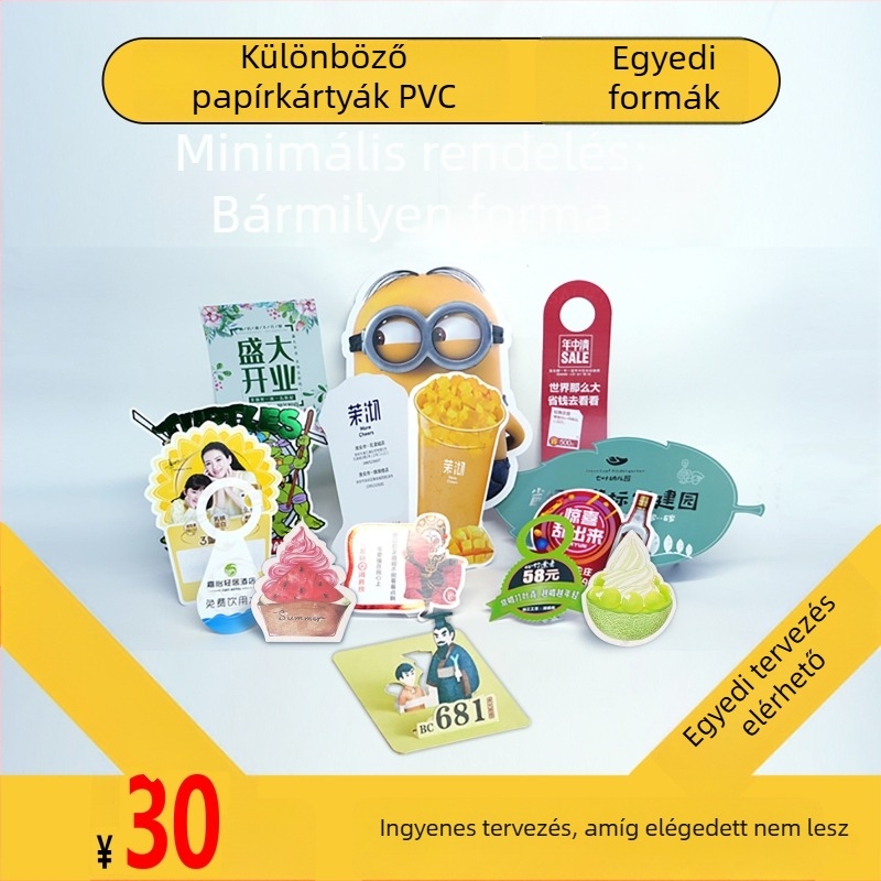 Egyedi alakú PVC kártyák, műanyag lapokra UV nyomtatás, ragasztó hátlap, ajtóra akasztható címkék, átlátszó PVC színes doboznyomtatás