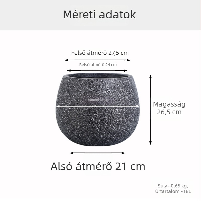 Gömb alakú asztali műanyag virágcserép, vintage stílus, lyukmentes, nagy átmérőjű