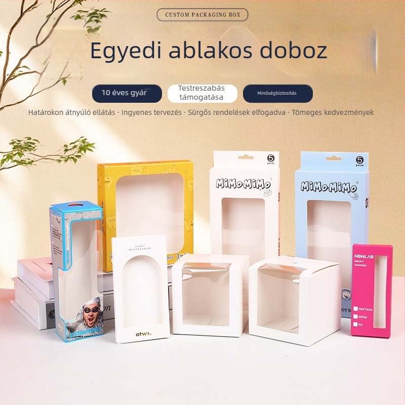 Fehér kartonból készült ablakos doboz, testreszabott színes nyomtatás, dupla betétű rekesz, kozmetikumok, műkörmök és fehérnemű csomagoláshoz