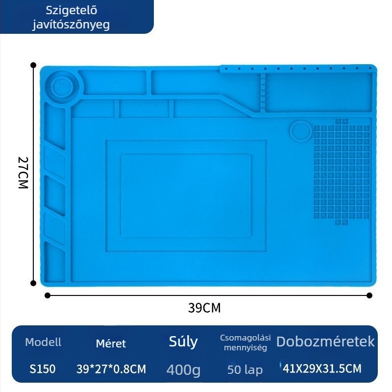 S-150 Szilikonból készült izoláló párna elektronikai javításhoz mágneses beépített alkatrészrekesszel, antistatikus és magas hőmérséklet-álló, kék