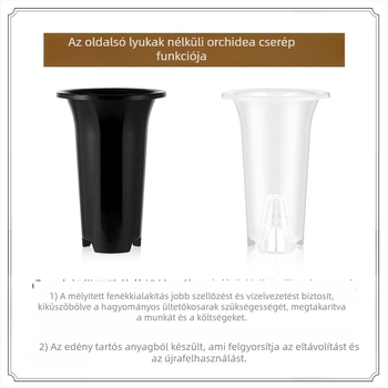 Átlátszó orchidea-cserép, magas, nagy méretű, légáteresztő, fekete, oldalsó nyílások nélkül