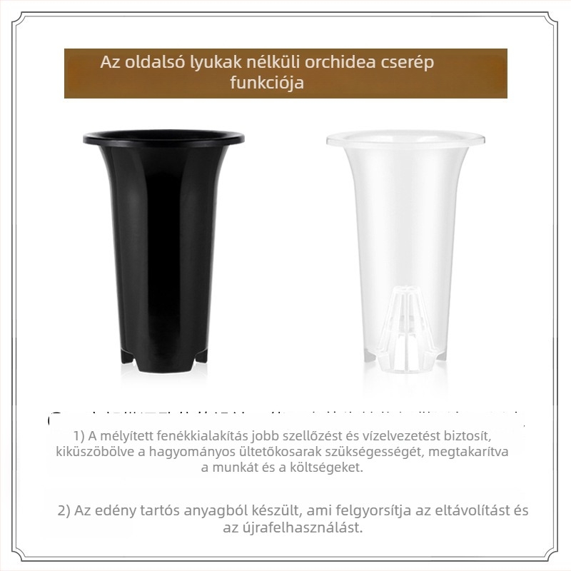 Átlátszó orchidea-cserép, magas, nagy méretű, légáteresztő, fekete, oldalsó nyílások nélkül