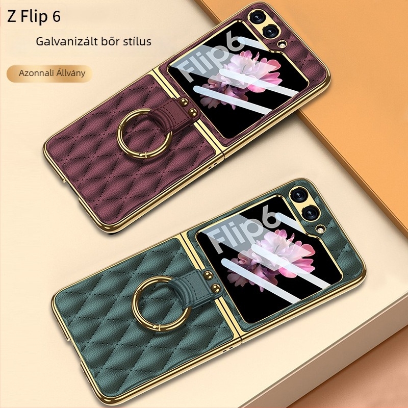GKK gyűrűs tok Samsung Z Flip6-hoz, Chanel-stílus, műbőr, elektroplatírozott, gyémántmintás, összecsukható védőtok