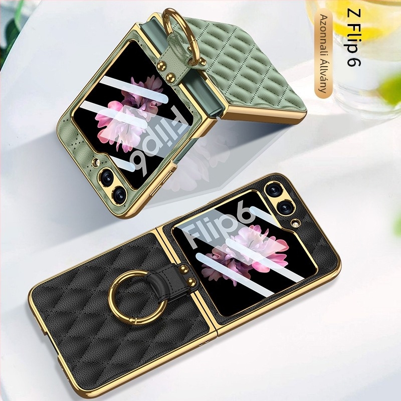 GKK gyűrűs tok Samsung Z Flip6-hoz, Chanel-stílus, műbőr, elektroplatírozott, gyémántmintás, összecsukható védőtok