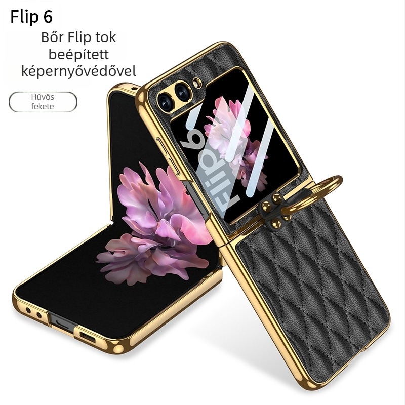 GKK gyűrűs tok Samsung Z Flip6-hoz, Chanel-stílus, műbőr, elektroplatírozott, gyémántmintás, összecsukható védőtok