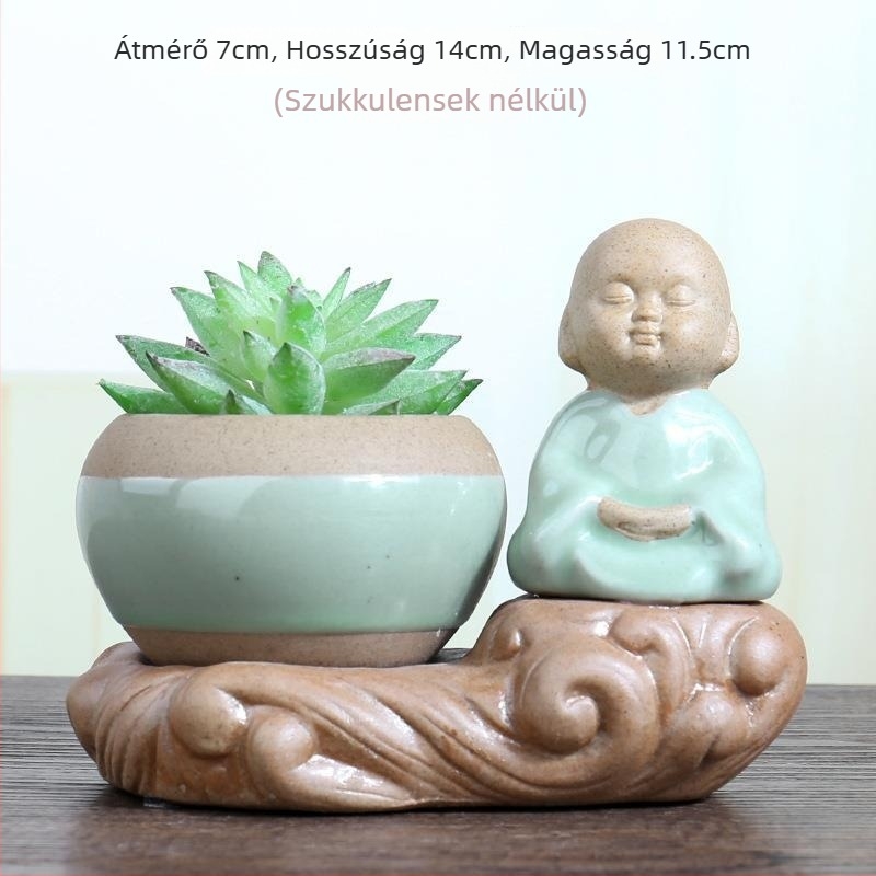 Zen kerámia virágtartó szukkulensek számára, perforált, kézzel készített, motívummal Buddha Maitreya és egy apró szerzetes