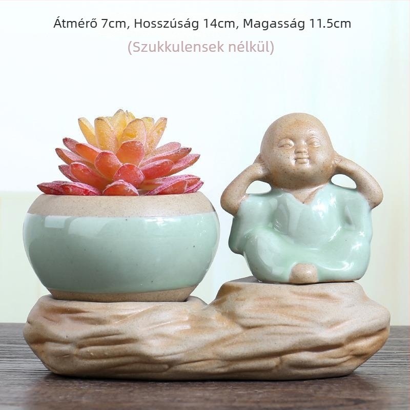 Zen kerámia virágtartó szukkulensek számára, perforált, kézzel készített, motívummal Buddha Maitreya és egy apró szerzetes