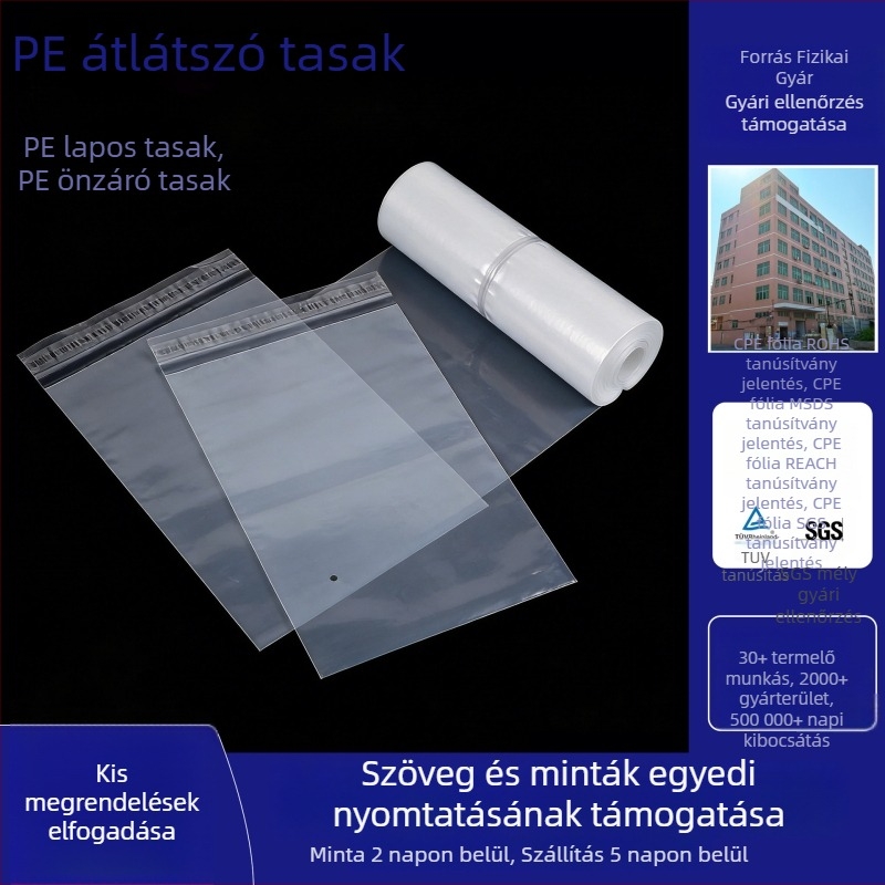 PE öntapadós zacskók figyelmeztető felirattal, ruházati csomagoláshoz, átlátszó puha műanyag zacskók