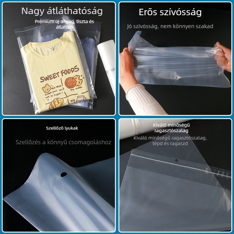 Készleten: átlátszó, figyelmeztető szöveggel ellátott puha műanyag öntapadós tasak ruházati csomagoláshoz 40x55
