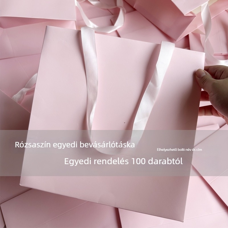 Rózsaszín papírtáska ruházati bolt számára, egyszerű kézitáska, rózsaszín bevásárlótáska logónyomtatással, szitanyomásos kivitel