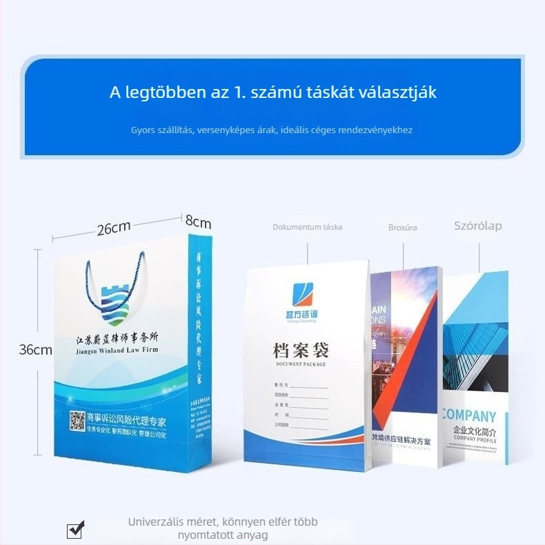 Fehér kartonból készült tote táska teljes színes nyomtatással a vállalati arculat megjelenítésére, logóval ajándék- és ruhatáskákhoz