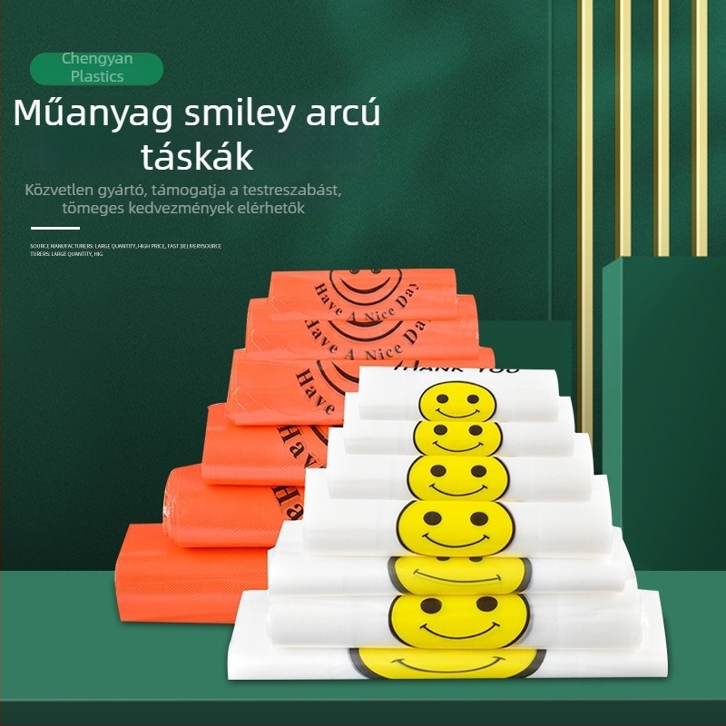 Átlátszó műanyag táska mosolygó arcú, szupermarketekhez és elviteles csomagoláshoz, logózható