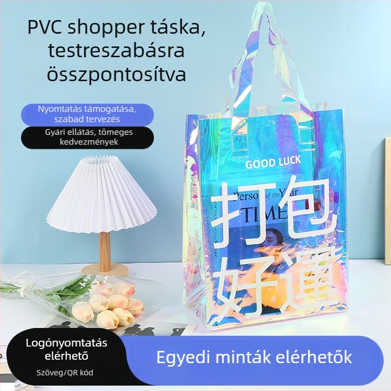 PVC tote táska logóval, színes holografikus átlátszó táska ajándék- és ruházati vásárláshoz