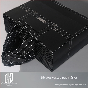 Fekete papírzacskó domborított logóval, ruházati csomagoláshoz és divatos ajándékokhoz