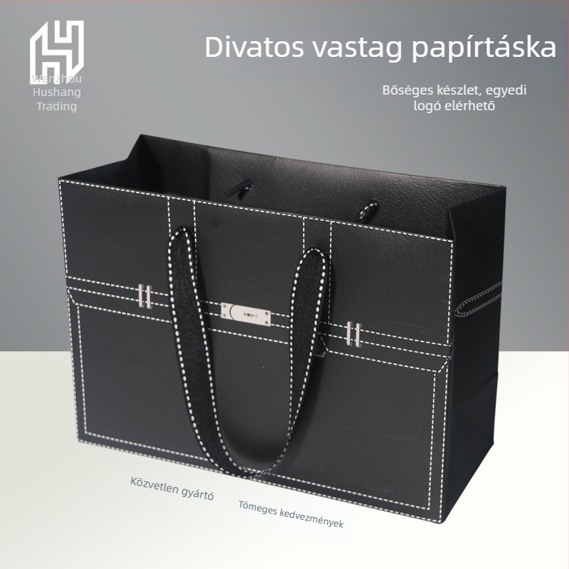 Fekete papírzacskó domborított logóval, ruházati csomagoláshoz és divatos ajándékokhoz