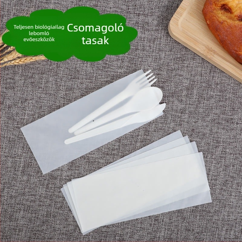 Testreszabható, teljesen biológiailag lebomló kés- és villa tasak kukoricakeményítőből készült egyszerhasználatos étkészlet csomagolásához, önzáró záródással