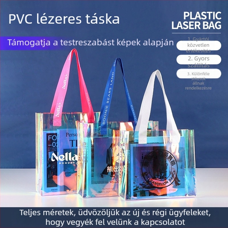Színes lézerrel díszített PVC táska, testreszabott promóciós ajándék táska, átlátszó bevásárló táska