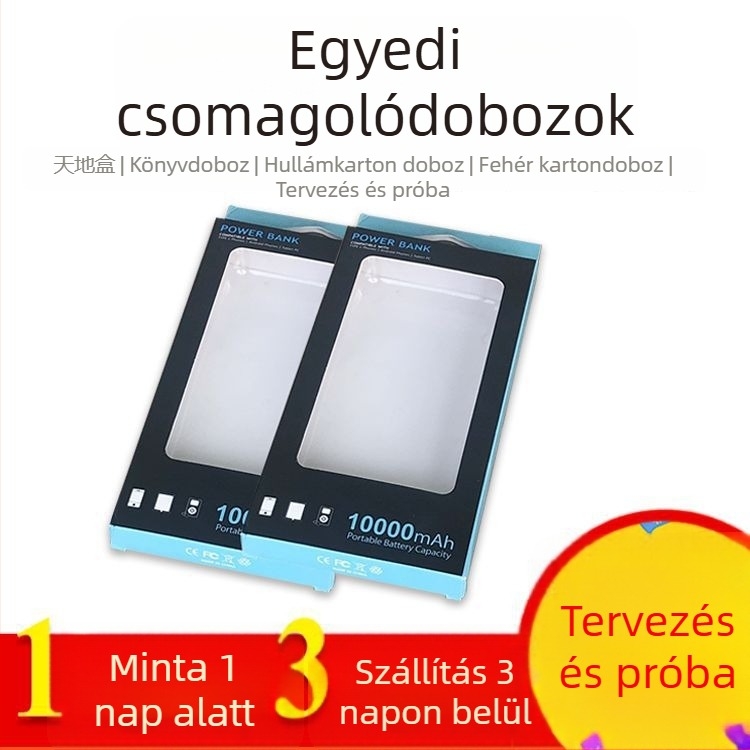 Egyedi ablakos kartondoboz 3C elektronikai eszközökhöz: doboz power bankhez, telefontok, csomagolás védőfóliával, PVC kampó kártyáknak