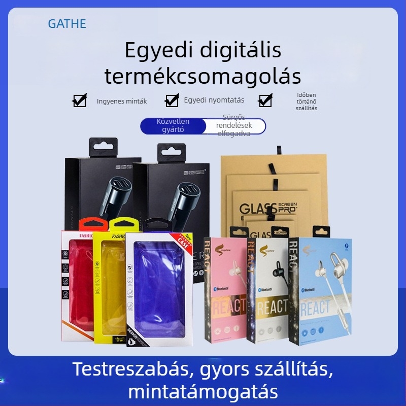 Személyre szabott csomagoló doboz adatkábelekhez, védőfóliákhoz és Bluetooth-kiegészítőkhöz; műanyag tároló doboz és csomagolás mobiltelefon tokhoz