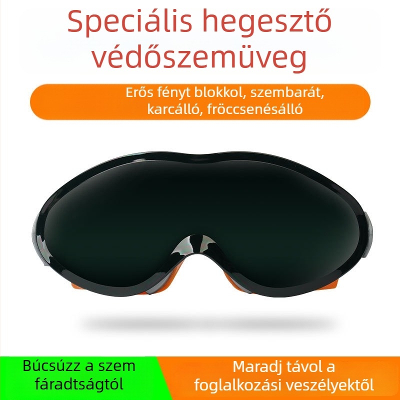 Hegesztővédő szemüveg sötétzöld lencsékkel, narancssárga keret, párásodás elleni, szélvédő és porálló, szemvédelem hegesztőknek