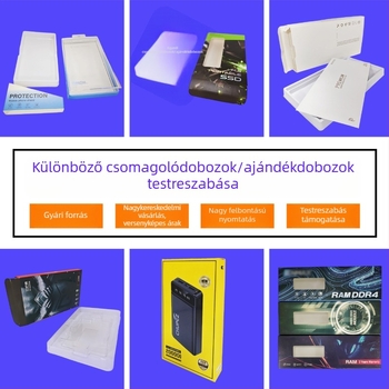 Telefon tokhoz készült csomagoló dobozok, memóriakártyák, power bank és más 3C digitális kiegészítők; fehér karton ajándékdoboz, edzett fólia és üres SSD-doboz.