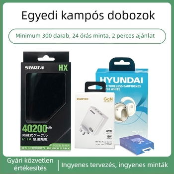 3C elektronikai termékekhez készült egyedi papírcsomagoló dobozok: egérhez szánt csomagolás, fülhallgató és kábel csomagolás, power bank dobozok, mobiltelefonok színű dobozok, akasztó kampó dobozok – kis tételben rendelhető