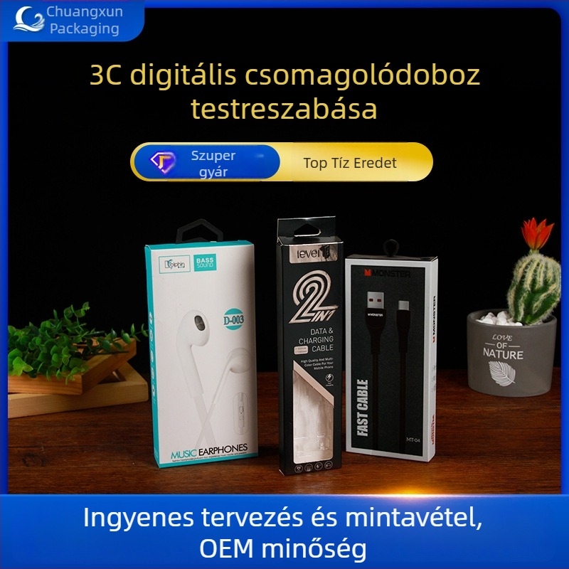 Testreszabott, színes nyomtatású csomagoló doboz elektronikai termékekhez, mindennapi szükségletekhez és fülhallgató-kábelekhez