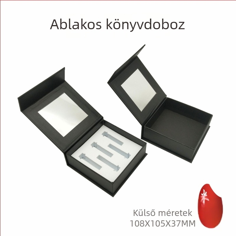 Fekete karton doboz ablakkal és nyitható fedéllel, mágneses könyv alakú belső USB-memóriához és Bluetooth fejhallgatóhoz
