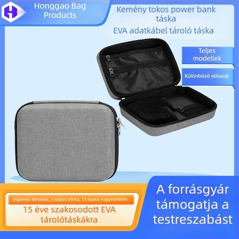 EVA tok adatkábeles és külső akkumulátorokhoz, ütésálló merev héj, cipzár, hordozható, egyedi készítésű