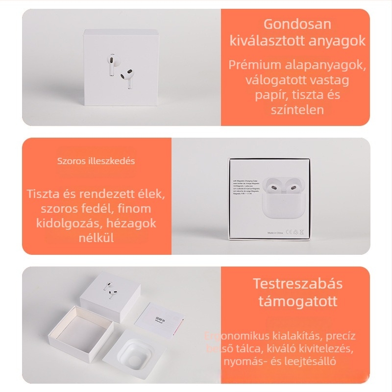 Semleges színű, szürke kartonból készült csomagolás Bluetooth fejhallgatókhoz (AirPods), 4. és 5. generáció